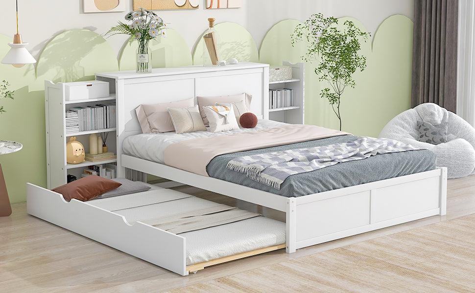 Queen SizeStorage Platform Bed with Pull Out Shelves and Twin Size Trundle, White