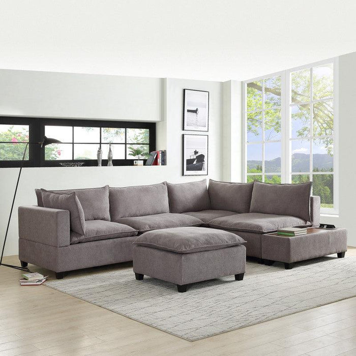 Madison Light Gray Fabric 6 Piece Modular Sectional Sofa with Ottoman and USBStorage Console Table