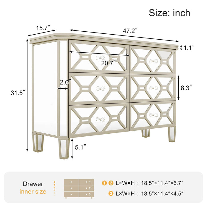 Elegant Mirrored 6-Drawer Dresser with Golden LinesStorage Cabinet for Living Room, Hallway, Entryway