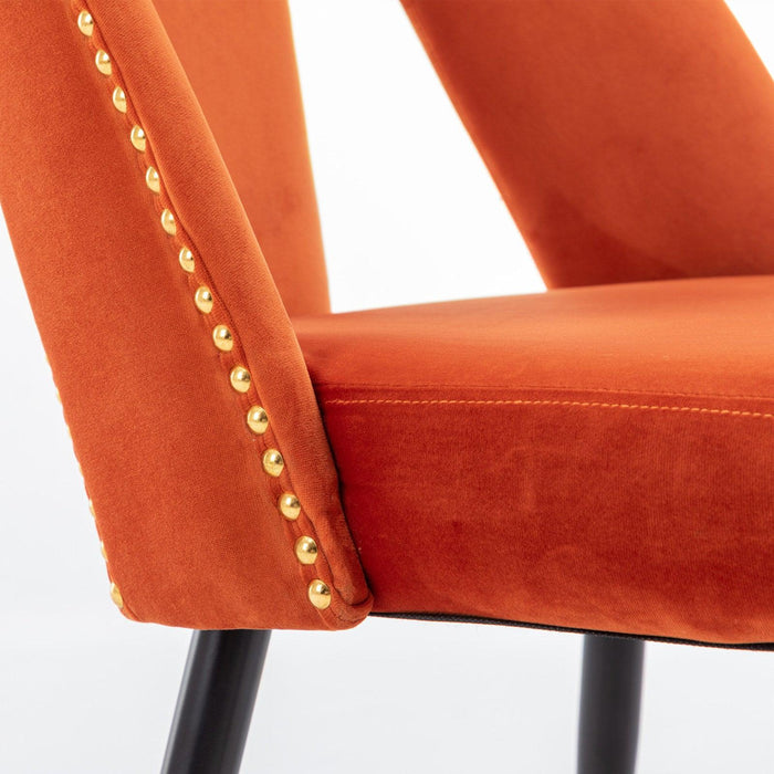 Akoya CollectionModern | Contemporary Velvet Upholstered Dining Chair with Nailheads and Gold Tipped Black Metal Legs, Orange，Set of 2