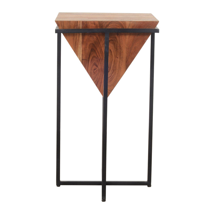 26 Inch Pyramid Shape Wooden Side Table With Cross Metal Base, Brown and Black