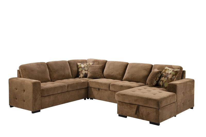 123" Oversized Sectional Sofa withStorage Chaise, U Shaped Sectional Couch with 4 Throw Pillows for Large Space Dorm Apartment. Brown