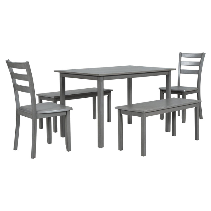 5-piece Wooden Dining Set, Kitchen Table with 2 Dining Chairs and 2 Benches, Farmhouse Rustic Style, Gray