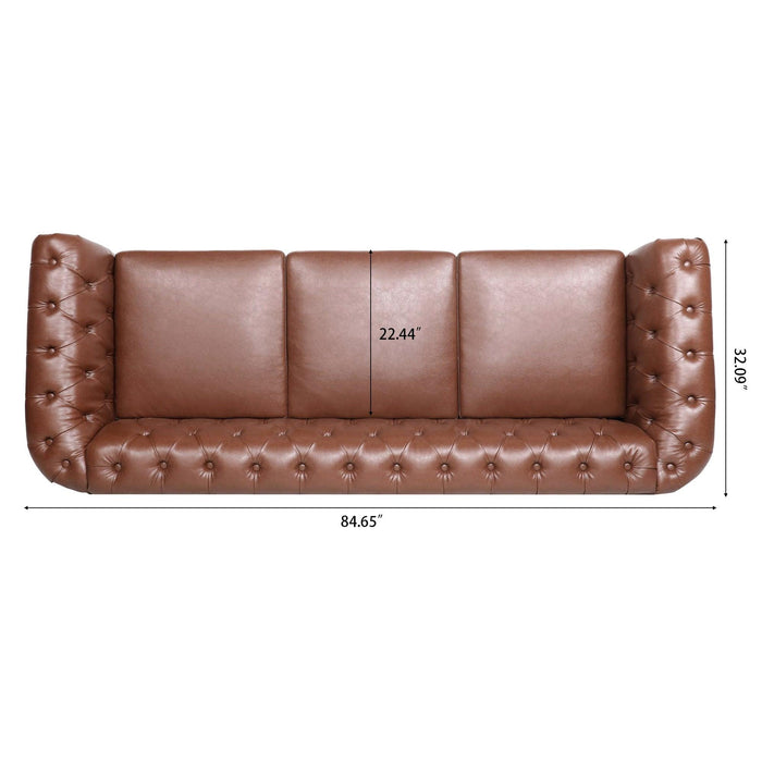 84.65"BROWN PU Rolled Arm Chesterfield Three Seater Sofa.