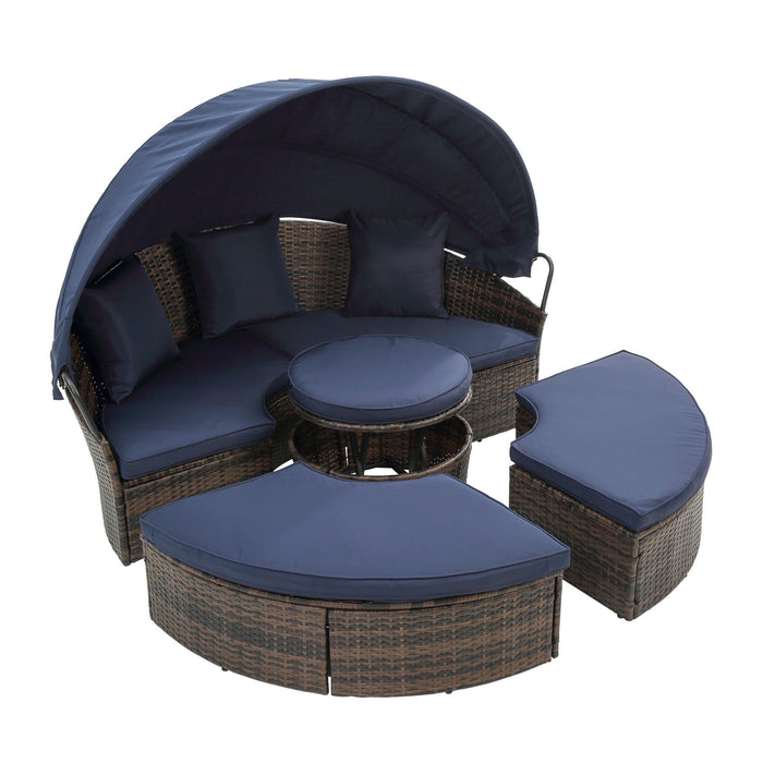 Rattan Round Lounge With Canopy Bali Canopy Bed Outdoor, Wicker Outdoor Sofa Bed with lift coffee table