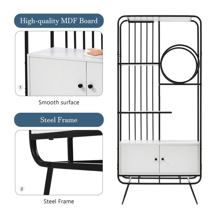 Home Office Bookcase with Cabinet Open BookshelfStorage Large Bookshelf Furniture with Black Metal Frame, White