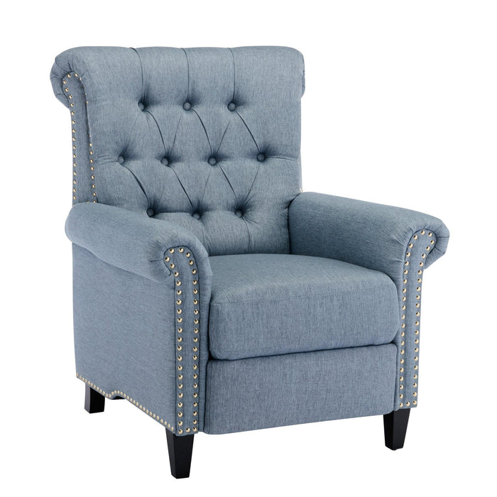 Pushback Linen Tufted Recliner Single Sofa with Nailheads Roll Arm for Living Room, Bedroom, Office, Blue