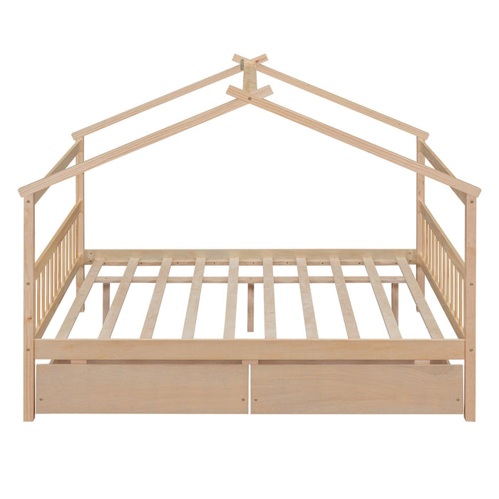 Full Size Wooden House Bed with Drawers, Natural