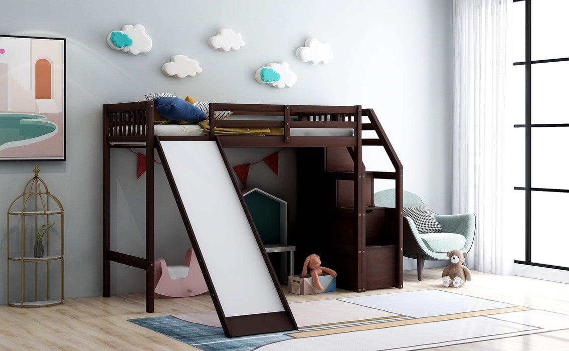 Twin Size Loft Bed withStorage and Slide, Espresso