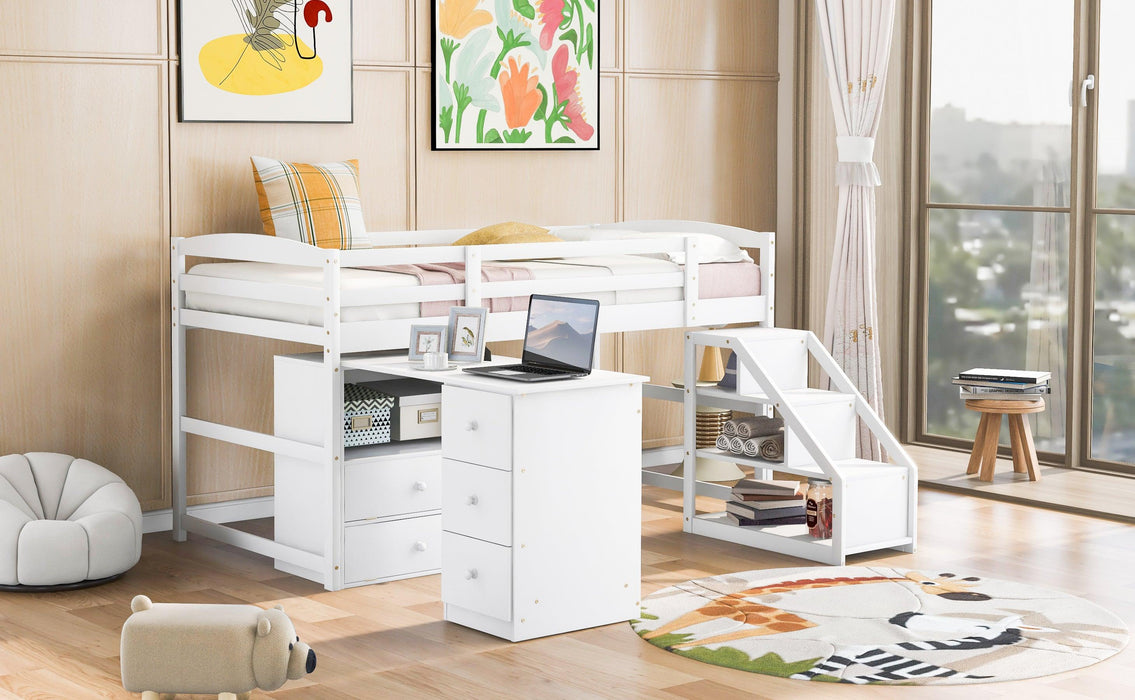 Twin Size Loft Bed with Multifunctional Movable Built-in Desk and and Staircase,White