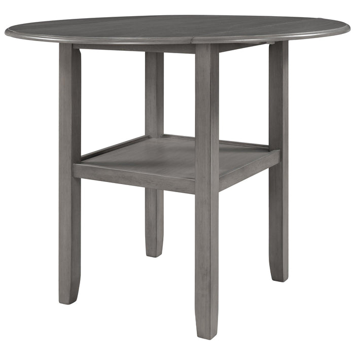 Farmhouse 3 Piece Round Counter Height Kitchen Dining Table Set with Drop Leaf Table, One Shelf and 2 Cross Back Padded Chairs for Small Places, Gray