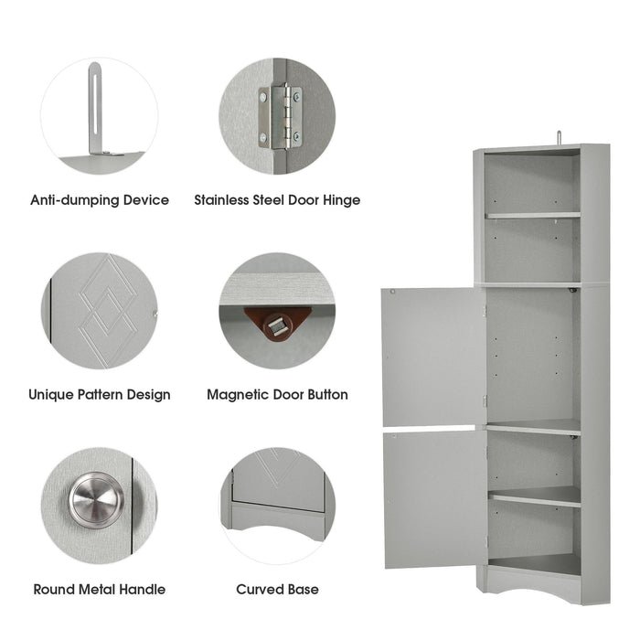 Tall Bathroom Corner Cabinet, FreestandingStorage Cabinet with Doors and Adjustable Shelves, MDF Board, Gray