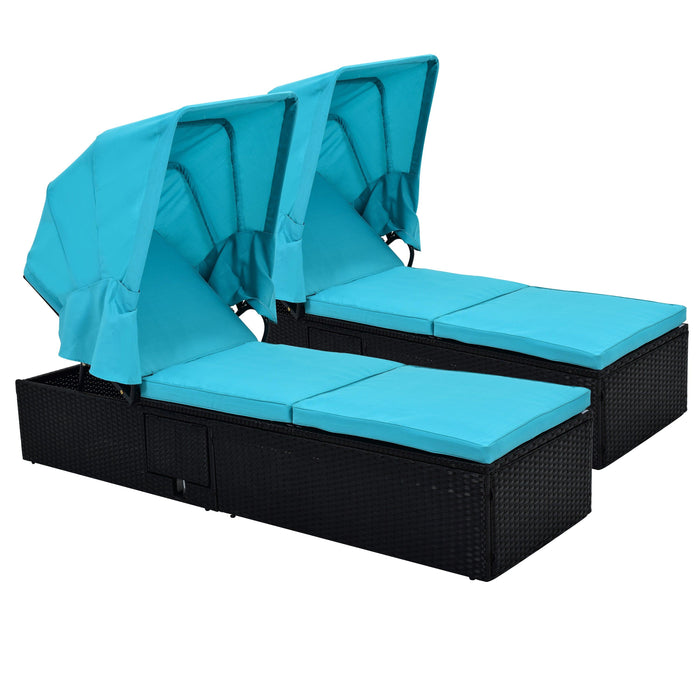 76.8" Long Reclining Single Chaise Lounge with Cushions,Canopy and Cup Table, Black Wicker+ Blue Cushion, Set of 2