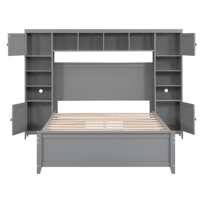 Full Size Wooden Bed With All-in-One Cabinet and Shelf, Gray