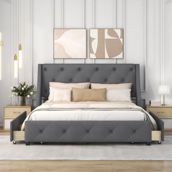 Upholstered Platform Bed with Wingback Tufted Headboard and 4 Drawers, No Box Spring Needed, Linen Fabric, Queen Size Gray