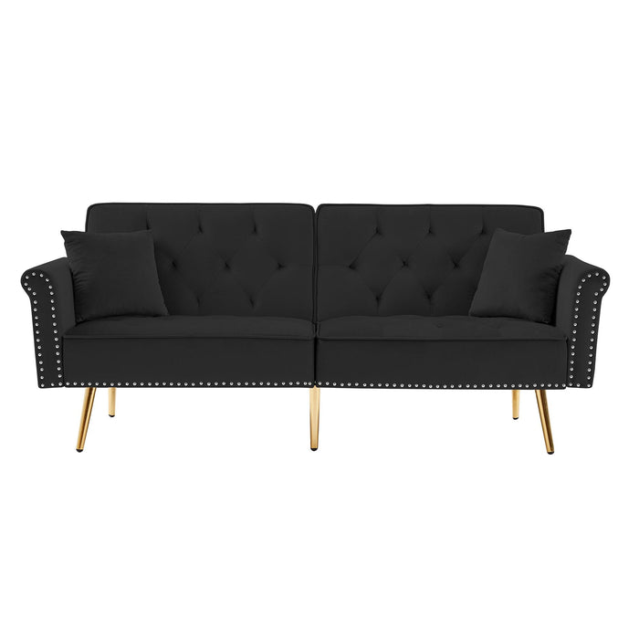 Modern Velvet Tufted Sofa Couch with 2 Pillows and Nailhead Trim, Loveseat Sofa Futon Sofa Bed with Metal Legs  for Living Room.