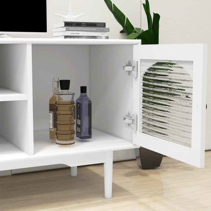 Living Room White TV Stand with Drawers and Open Shelves, A Cabinet with Glass Doors forStorage