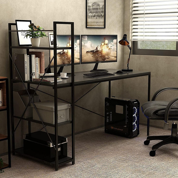 Computer Desk 48" withStorage Shelves Student Study Writing Table for Home OfficeModern Simple Style PC Laptop Table Rustic Black Metal Frame Black