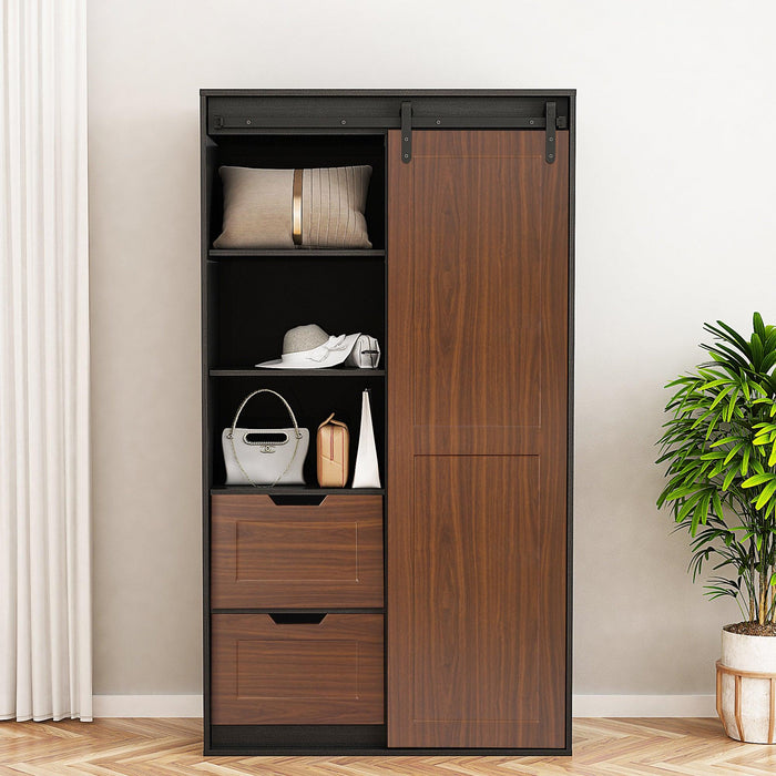 71-inch High wardrobe and cabinet , Clothes Locker，classic sliding barn door armoire, lockers, for bedrooms, cloakrooms, living rooms, color: black +brown