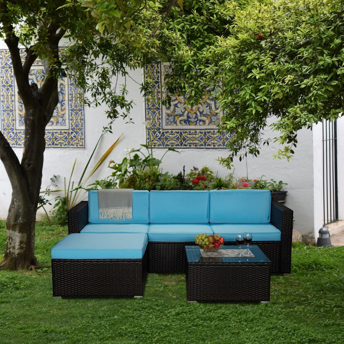 Outdoor Garden Patio Furniture 5-Piece Brown PE Rattan Wicker Sectional Blue Cushioned Sofa Sets