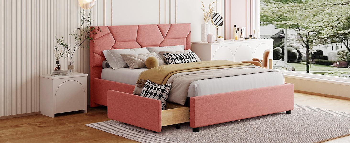 Full Size Upholstered Platform Bed with Brick Pattern Heardboard and 4 Drawers, Linen Fabric, Pink