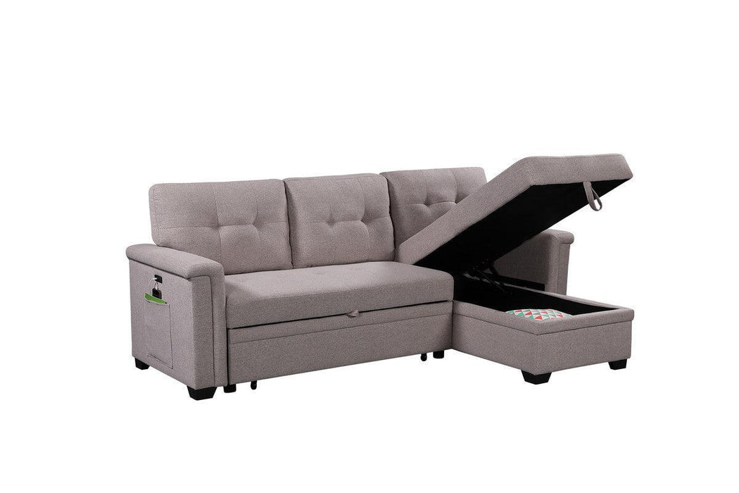 Ashlyn Light Gray Reversible Sleeper Sectional Sofa withStorage Chaise, USB Charging Ports and Pocket