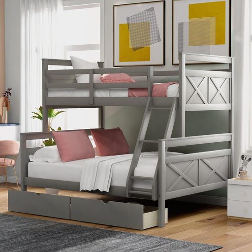 Twin over Full Bunk Bed with Ladder, TwoStorage Drawers and Safety Guardrail - Gray image