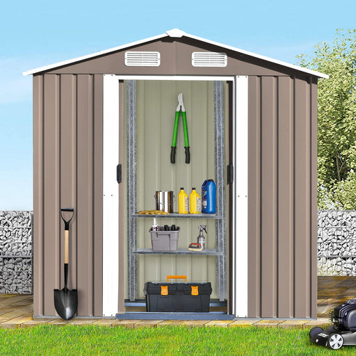 6ft x 4ft Outdoor Garden Shed with Metal Adjustable Shelf and Lockable Doors - Brown image