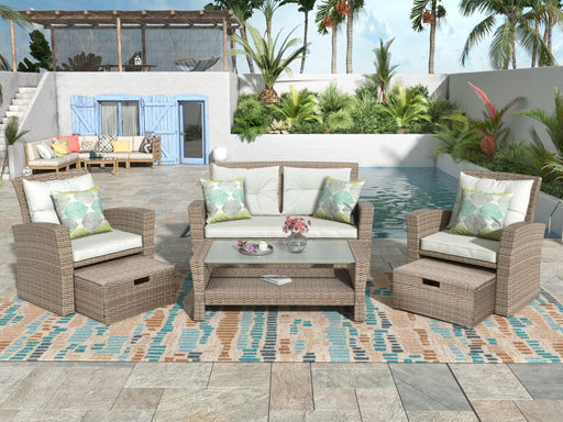 4 PCS Outdoor All Weather Wicker Rattan Patio Furniture Set with Ottoman and Beige Cushions image