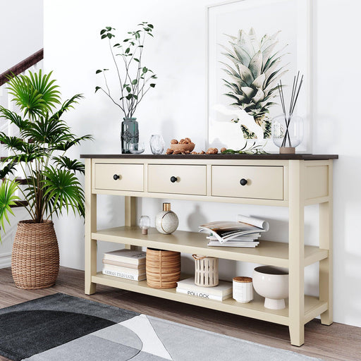 Retro Design Console Table with Two Open Shelves, Pine Solid Wood Frame and Legs for Living Room (Espresso+Beige) image