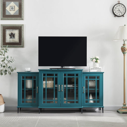 62” TV Stand,Storage Buffet Cabinet, Sideboard with Glass Door and Adjustable Shelves, Console Table for Dining Living Room Cupboard, Teal Blue image