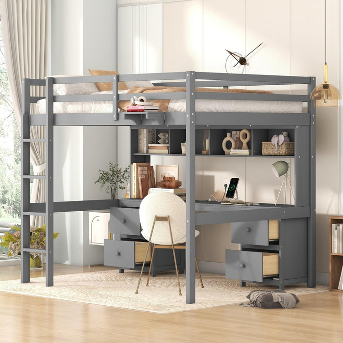 Full Size Loft Bed with Desk, Cabinets, Drawers and Bedside Tray, Charging Station, Gray image