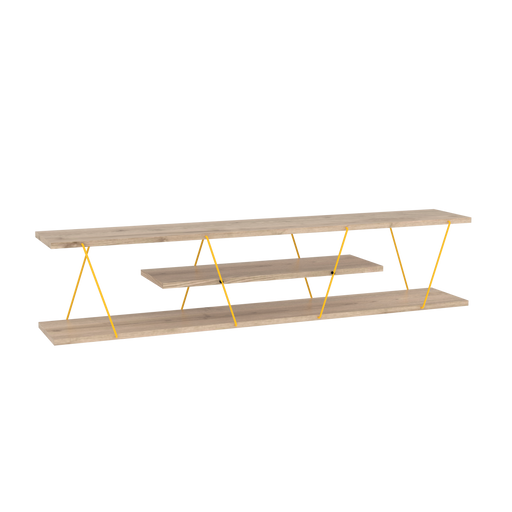 Tars Mid CenturyModern Tv Stand 4 Shelves OpenStorage Metal Cords Entertainment Centre 56 inch Low Tv Unit, Oak/Yellow image