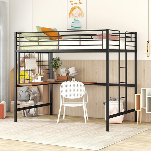 Full Metal Loft Bed with Desk and Metal Grid, Black image