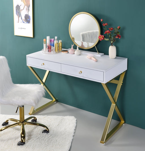 ACME Coleen Vanity Desk w/Mirror & Jewelry Tray in White & Gold Finish AC00667 image