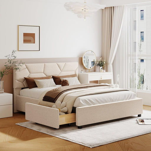 Queen Size Upholstered Platform Bed with Brick Pattern Heardboard and 4 Drawers, Linen Fabric, Beige image