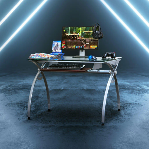 Techni Mobili Contempo Clear Glass Top Computer Desk with Pull Out Keyboard Panel, Clear image