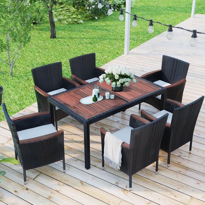 7-Piece Outdoor Patio Dining Set, Garden PE Rattan Wicker Dining Table and Chairs Set, Acacia Wood Tabletop, Stackable Armrest Chairs with Cushions, Reddish-brown image