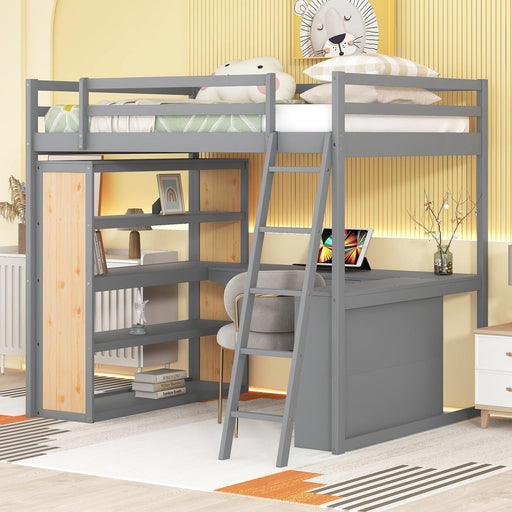 Full Size Loft Bed with Ladder, Shelves, and Desk, Gray image