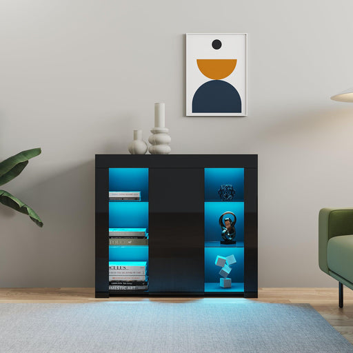 Kitchen Sideboard Cupboard with LED Light, Black High Gloss Dining Room BuffetStorage Cabinet Hallway Living Room TV Stand Unit Display Cabinet with Drawer and 1 Doors image