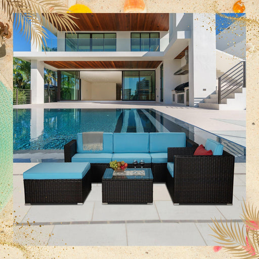 Outdoor Garden Patio Furniture 6-Piece Brown PE Rattan Wicker Sectional Blue Cushioned Sofa Sets with 1 Red Pillow image