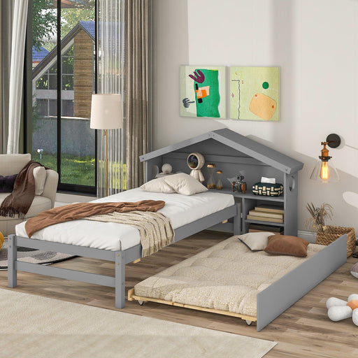TwinStorage House Bed for kids with Bedside Table, Trundle, Grey image