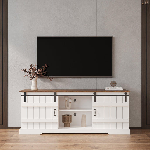 Farmhouse Sliding white Barn Door TV Stand for 80 inch TV Stands，OpenStorage Cabinet for Living Room Bedroom image