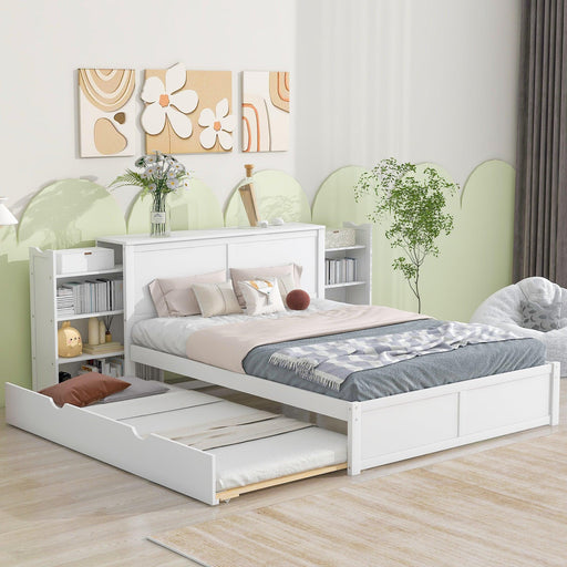 Queen SizeStorage Platform Bed with Pull Out Shelves and Twin Size Trundle, White image