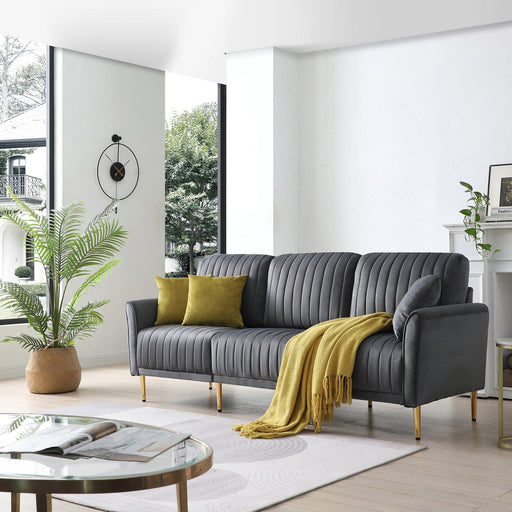 Modern Velvet Upholstered Sofa Couch 3 Seat Channel Tufted Back and Cushion Seat, Metal Legs, Sleeper Sofa for Living Room, Compact Living Space, Apartment, Bonus Room, Grey image